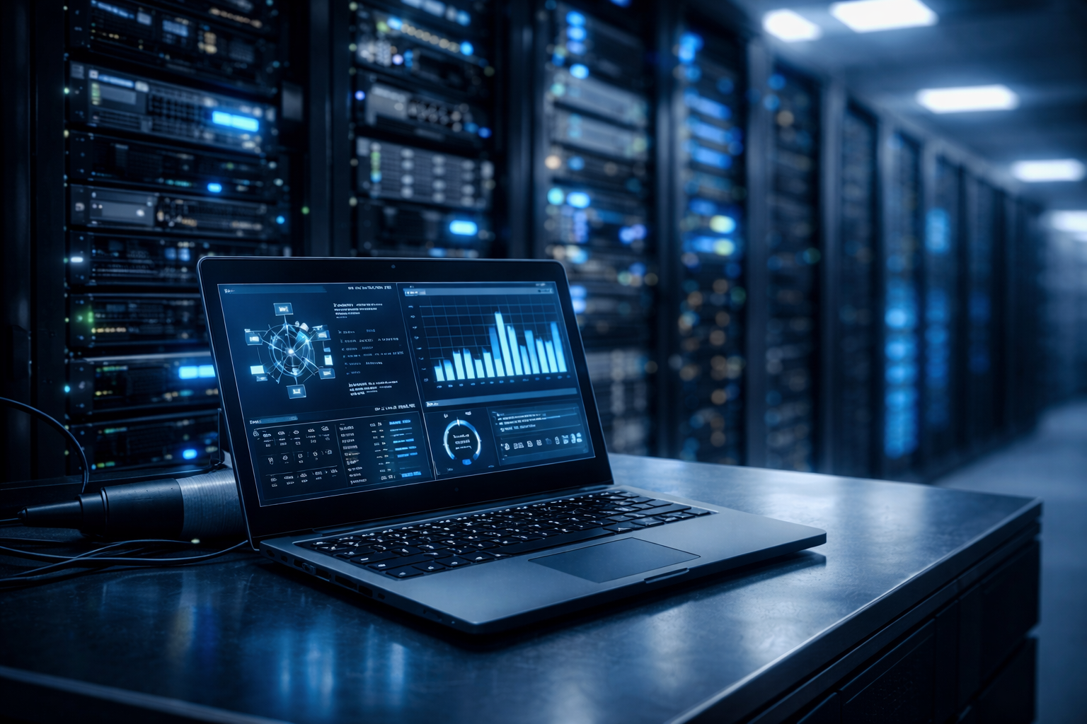 Laptop con dashboard IT in datacenter